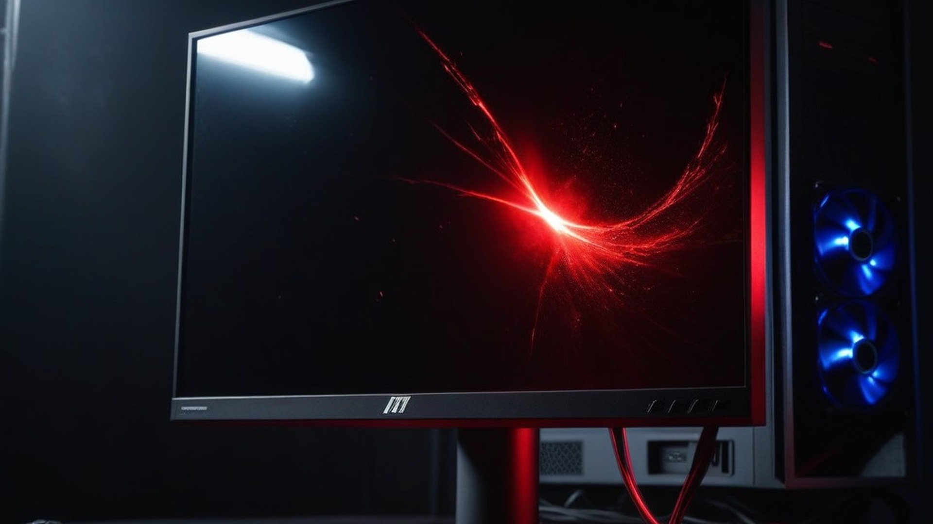 A gaming monitor showing a dead black screen with a dramatic red fracture across it, PC case fans still lit blue in the background, dark room