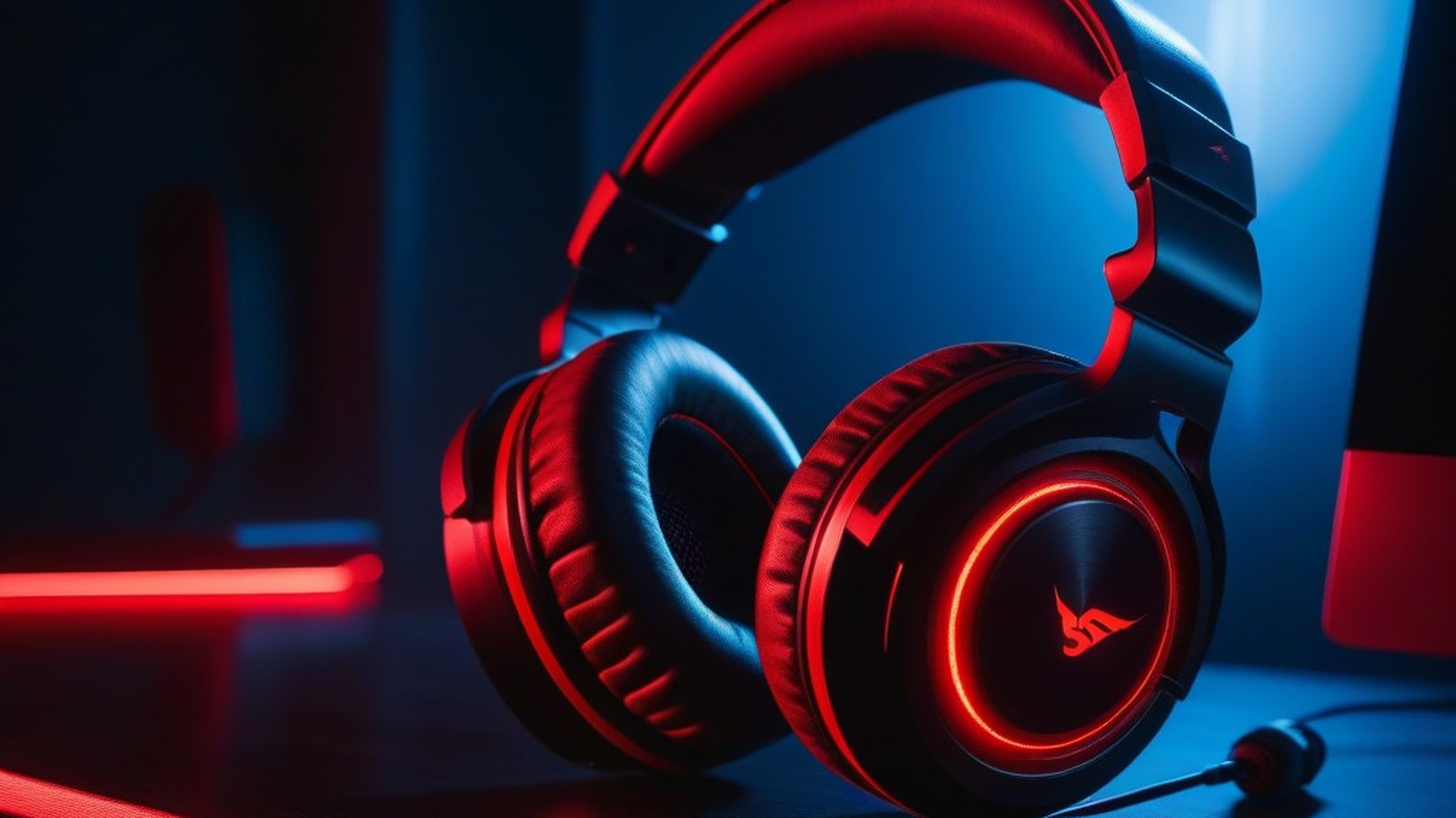 Gaming headphones glowing red on a dark desk, lit by a blue monitor glow in the background