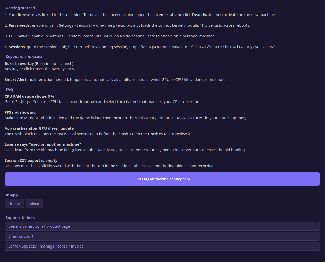 Thermal Canary Pro's in-app Help tab, showing getting-started steps, keyboard shortcuts, and the same FAQ next to the live gauges