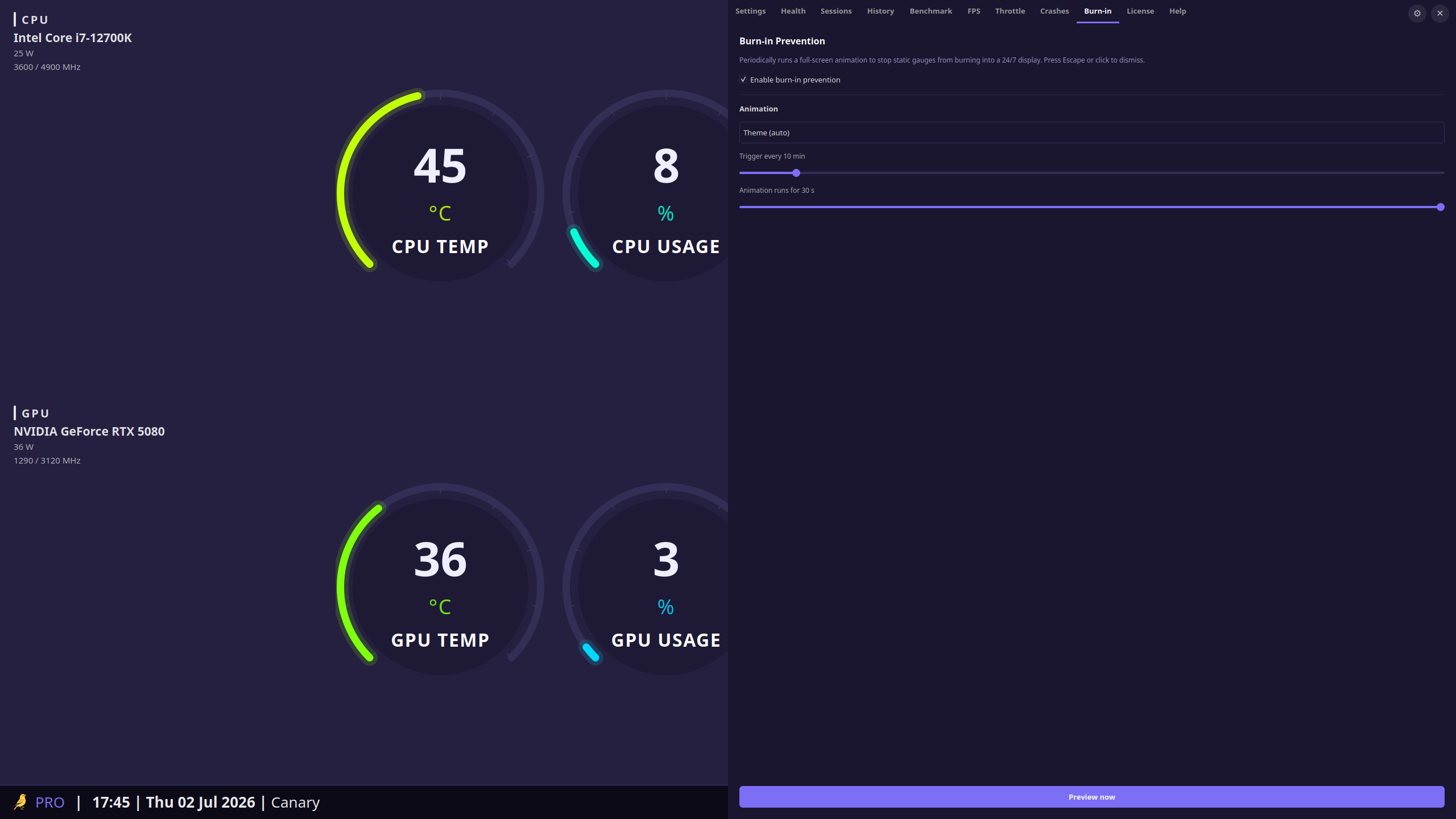 Thermal Canary Pro Burn-in Prevention tab: animation picker, trigger interval, and duration sliders