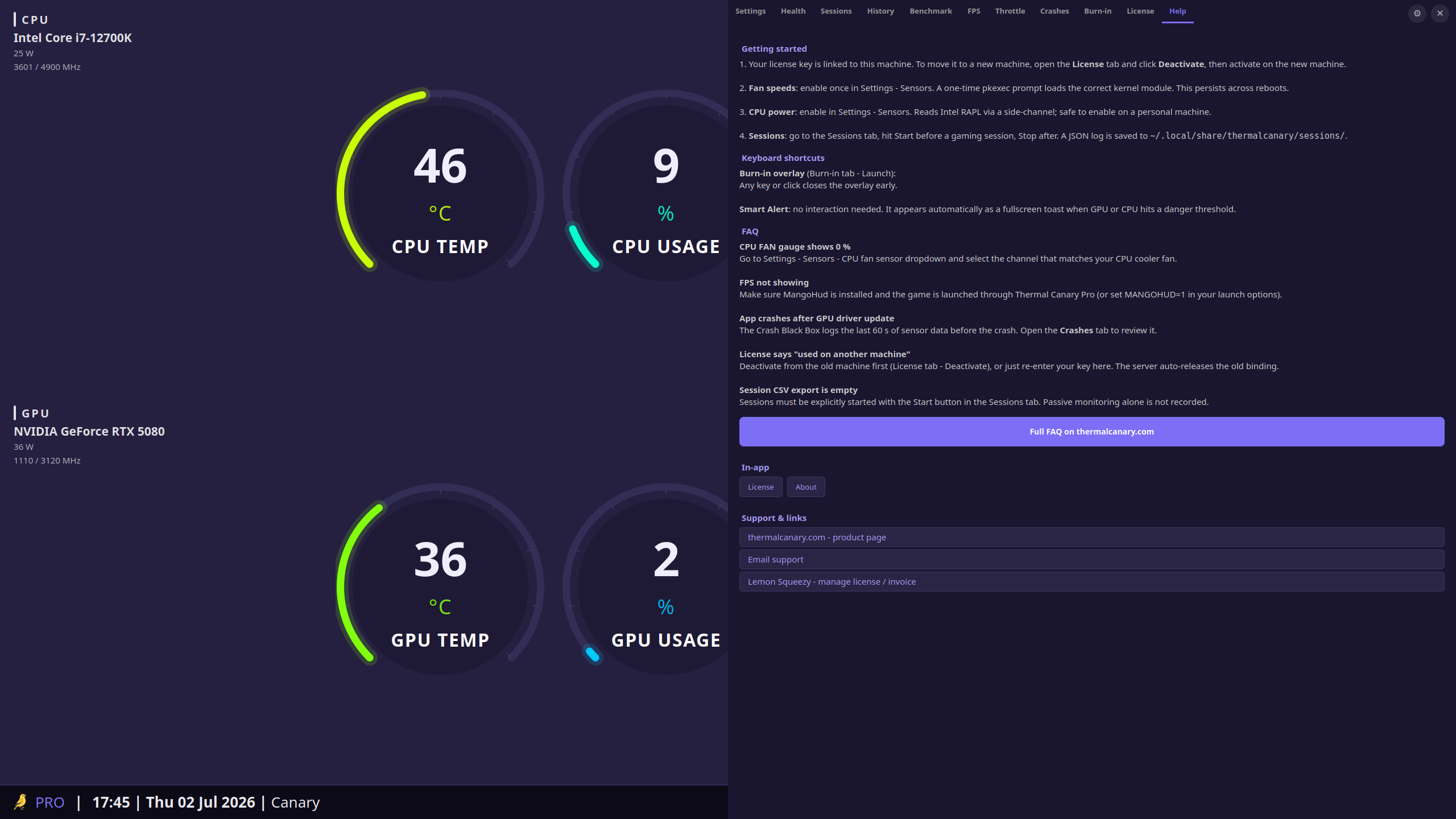 Thermal Canary Pro full window: live CPU and GPU gauges on the left, the Pro settings sidebar on the right with Settings, Health, Sessions, History, Benchmark, FPS, Throttle, Crashes, Burn-in, License, and Help tabs