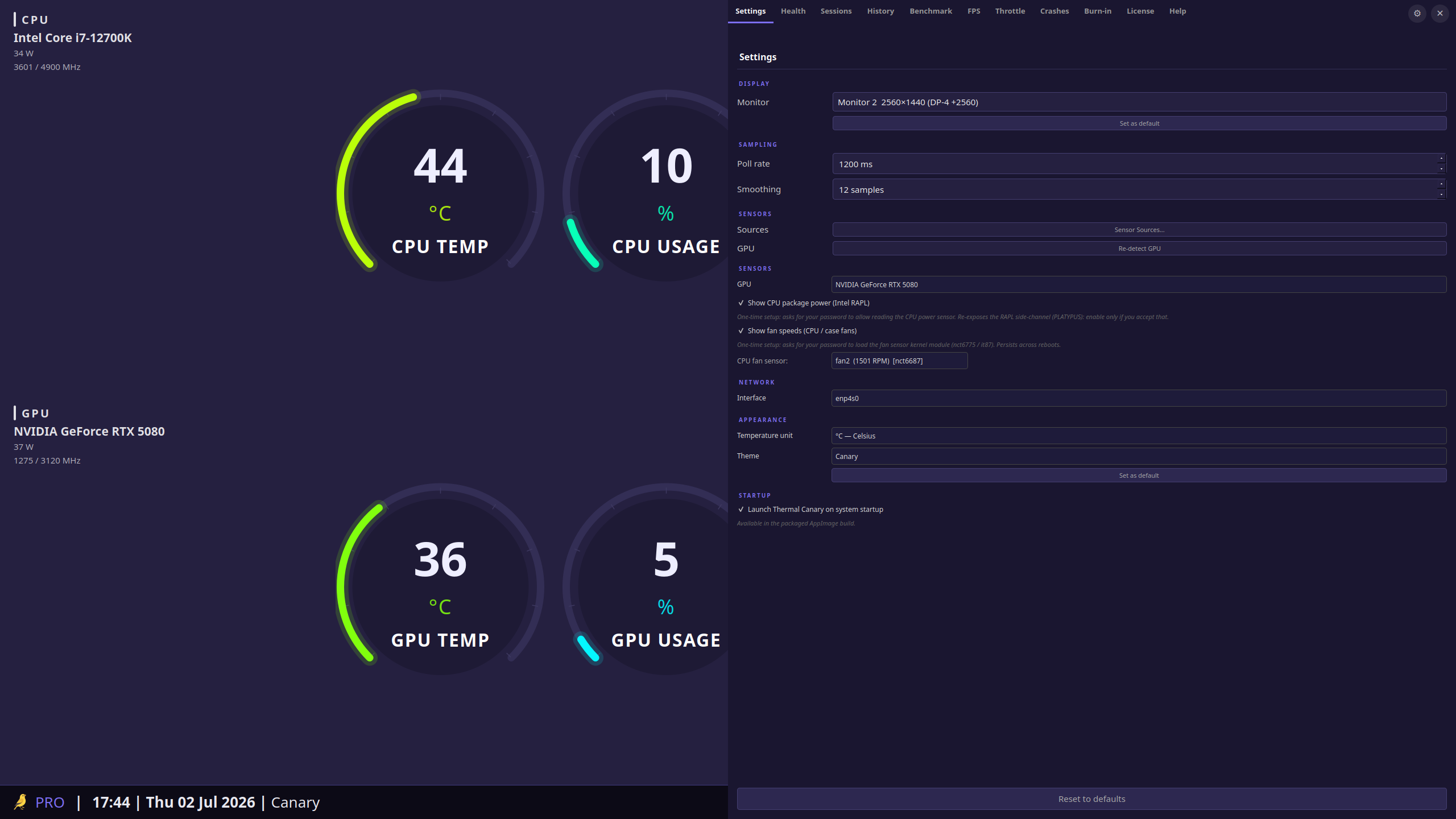 Thermal Canary Pro Settings tab: display, sampling, sensors, network, appearance, and startup options