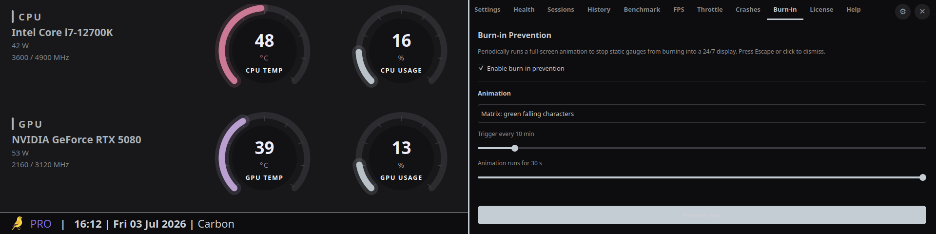 Thermal Canary Pro Burn-in Prevention tab with the Matrix green falling characters animation selected, trigger interval and duration sliders