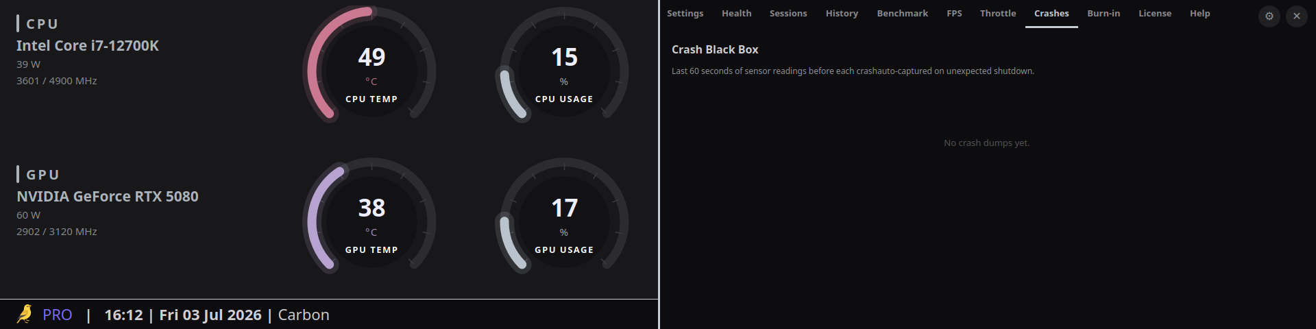 Thermal Canary Pro Crashes tab: "Crash Black Box - last 60 seconds of sensor readings before each crash, auto-captured on unexpected shutdown"