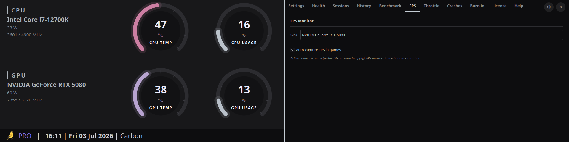 Thermal Canary Pro FPS tab with GPU selector and an "Auto-capture FPS in games" checkbox enabled