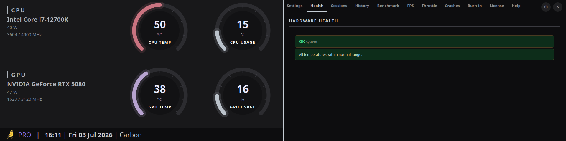 Thermal Canary Pro Health tab showing a green "OK System" status: all temperatures within normal range