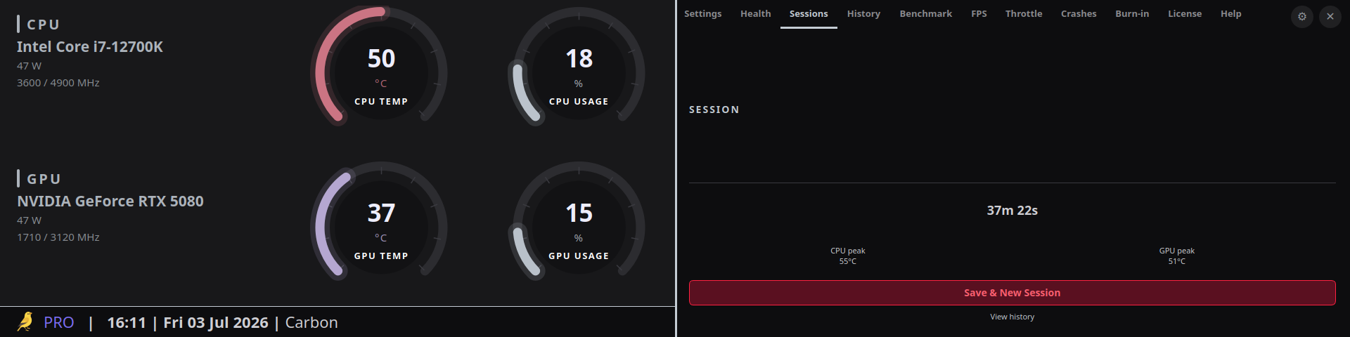 Thermal Canary Pro Sessions tab showing a running session at 37 minutes 22 seconds, with CPU peak 55°C and GPU peak 51°C