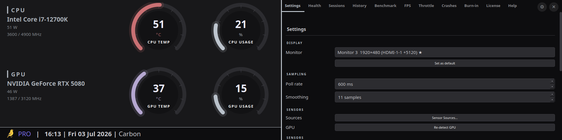 Thermal Canary Pro Settings tab, with the full tab bar visible: Settings, Health, Sessions, History, Benchmark, FPS, Throttle, Crashes, Burn-in, License, and Help, next to monitor, poll rate, and sensor controls