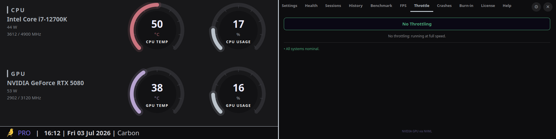 Thermal Canary Pro Throttle tab showing a green "No Throttling" status and "All systems nominal"